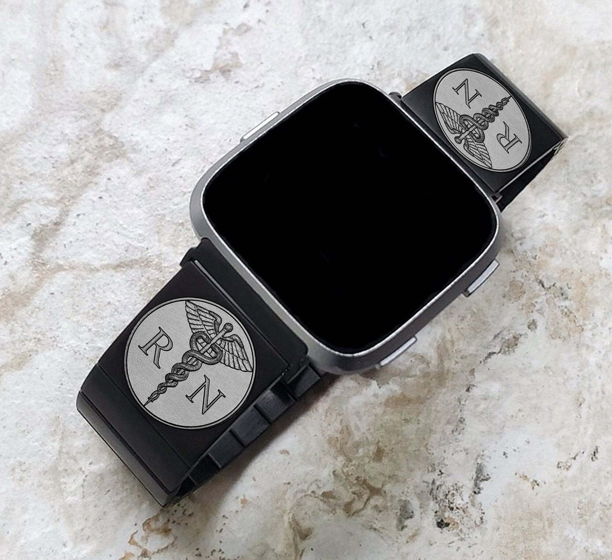 Registered Nurse Engraved Watch Band Compatible with Fitbit Versa Lite 2 3 4 and Sense 1 2 Smartwatches Black St Steel Bracelet Strap RN1